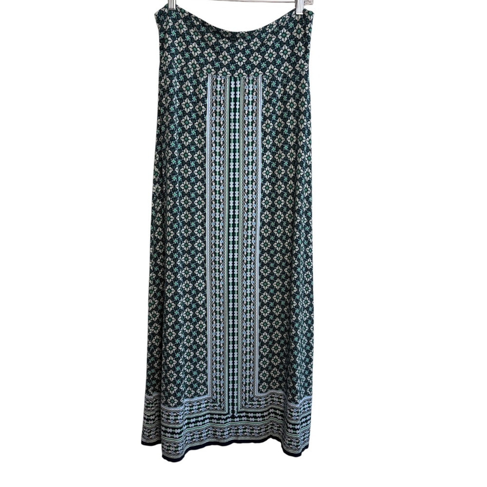 Max Studio Navy Green Medallion Tile Print Maxi Skirt M Rayon Fold Over Waist